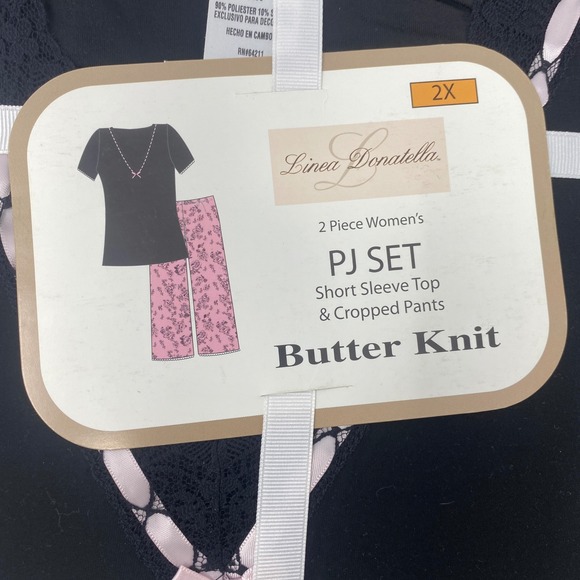 Linea Donatella Womens 2 Piece Pajama Set Black Pink Short Sleeve Crop Pants 2X - Picture 2 of 6